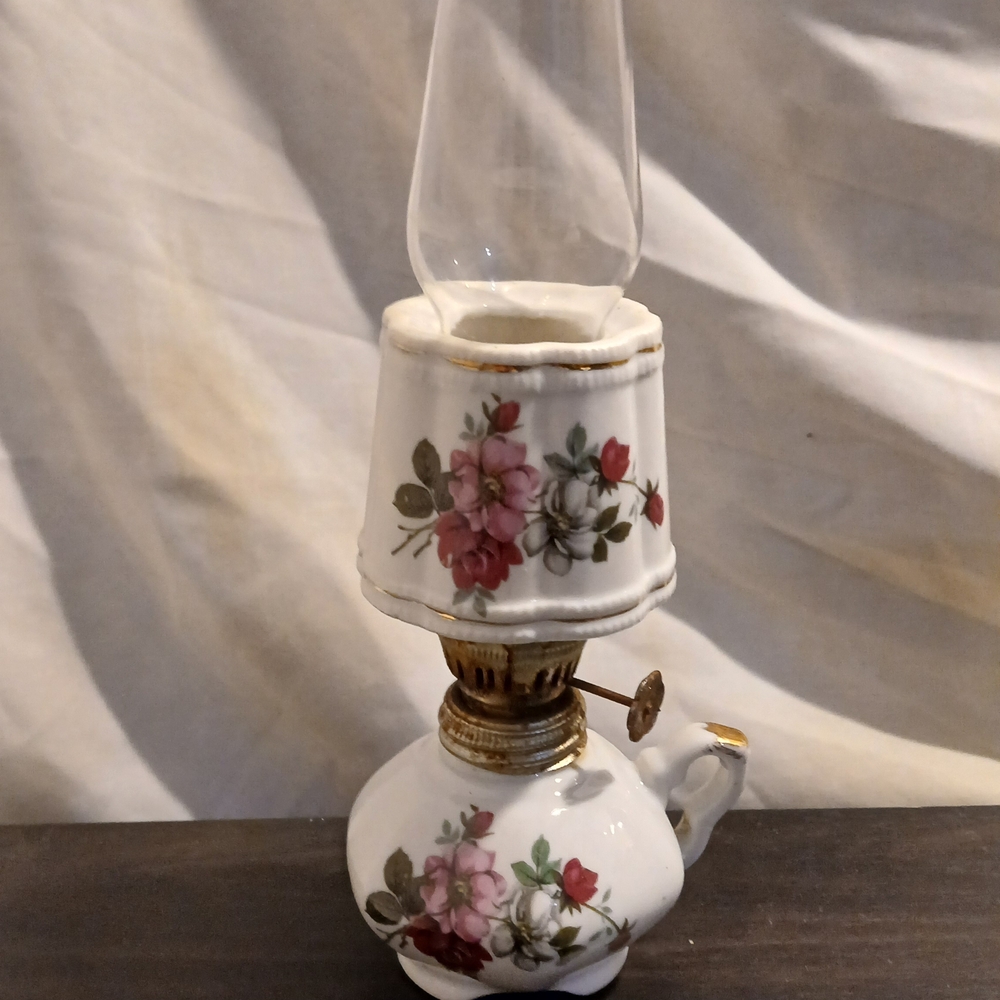 Floral Ceramic Oil Lamp with Glass Chimney
